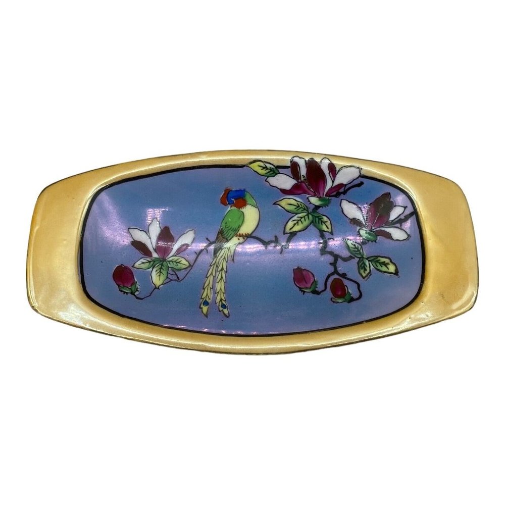 Vintage Porcelain Lusterware Hand Painted Japan Oval Trinket Dish Bird Floral